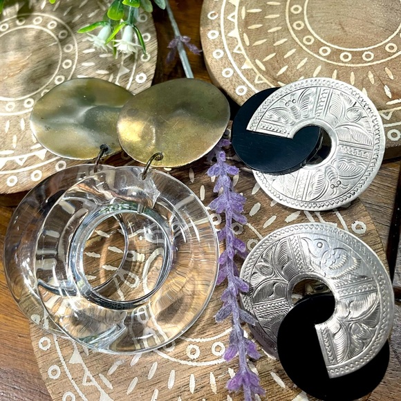 Two Pairs of Silver Engraved Round Earrings and and Lucite Large Hoop Earrings - Picture 1 of 8